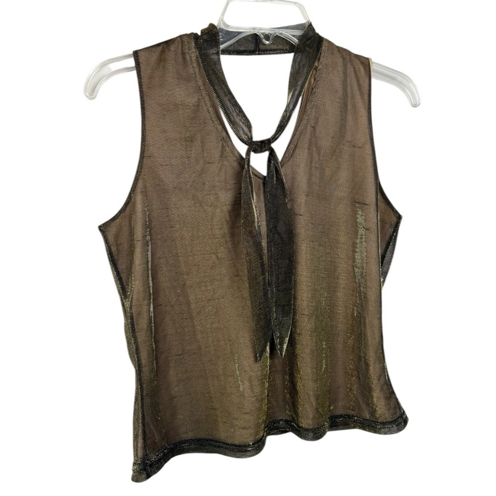Vintage 80s Tie Neck Sleeveless Top Size Small Gold Metallic - Picture 3 of 7